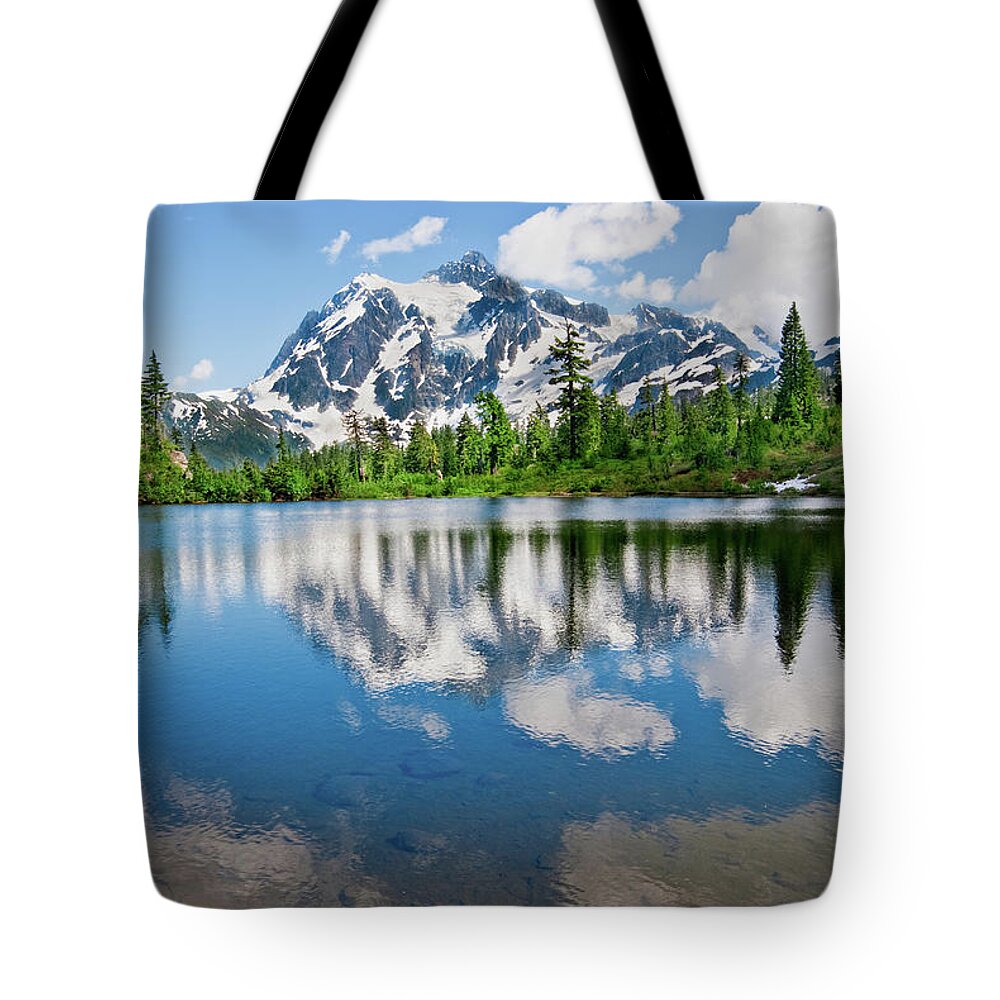Beauty In Nature Tote Bag featuring the photograph Mount Shuksan Reflected in Picture Lake by Jeff Goulden