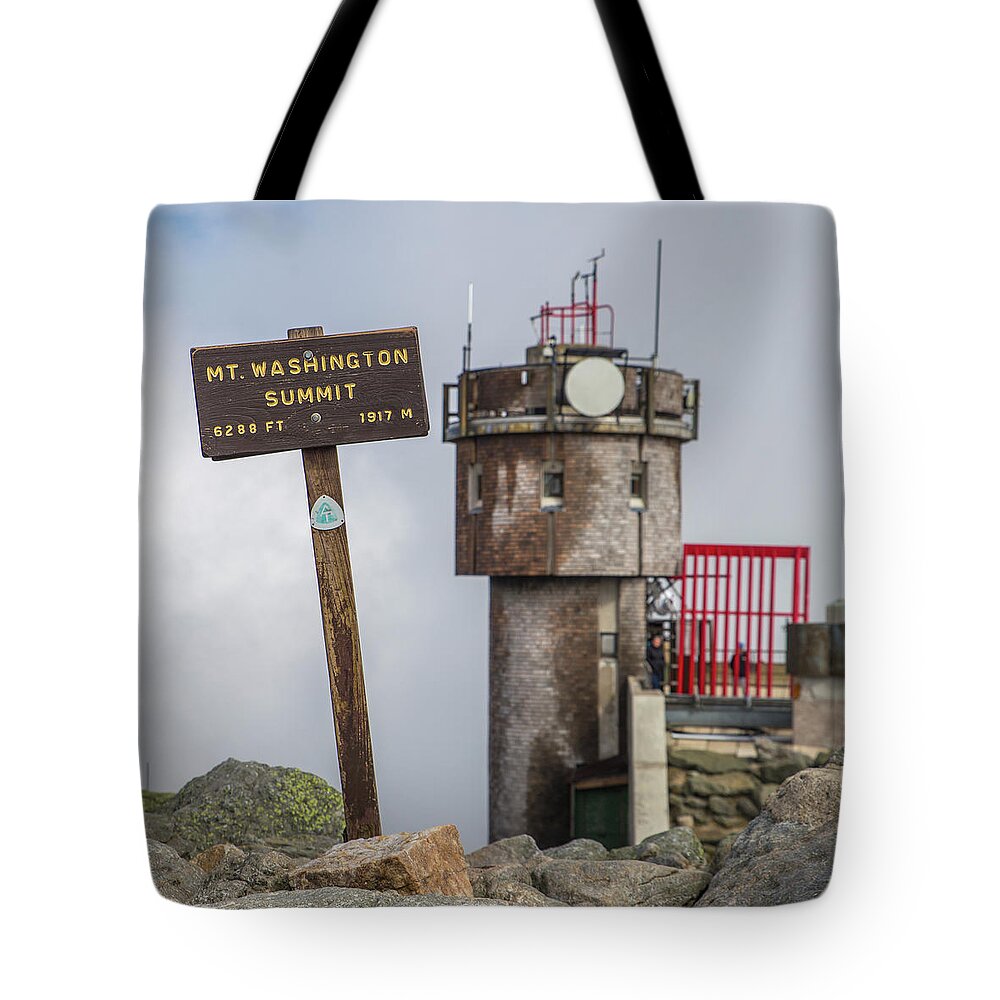 Mount Tote Bag featuring the photograph Mount Washington Summit Sign by White Mountain Images