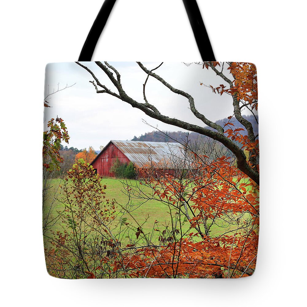 Barn; Arkansas; Red; Leaves; Country; Mountain; Autumn Tote Bag featuring the photograph Mountain Barn in Autumn - Ouachitas of Arkansas - Fall 2020 by William Rainey