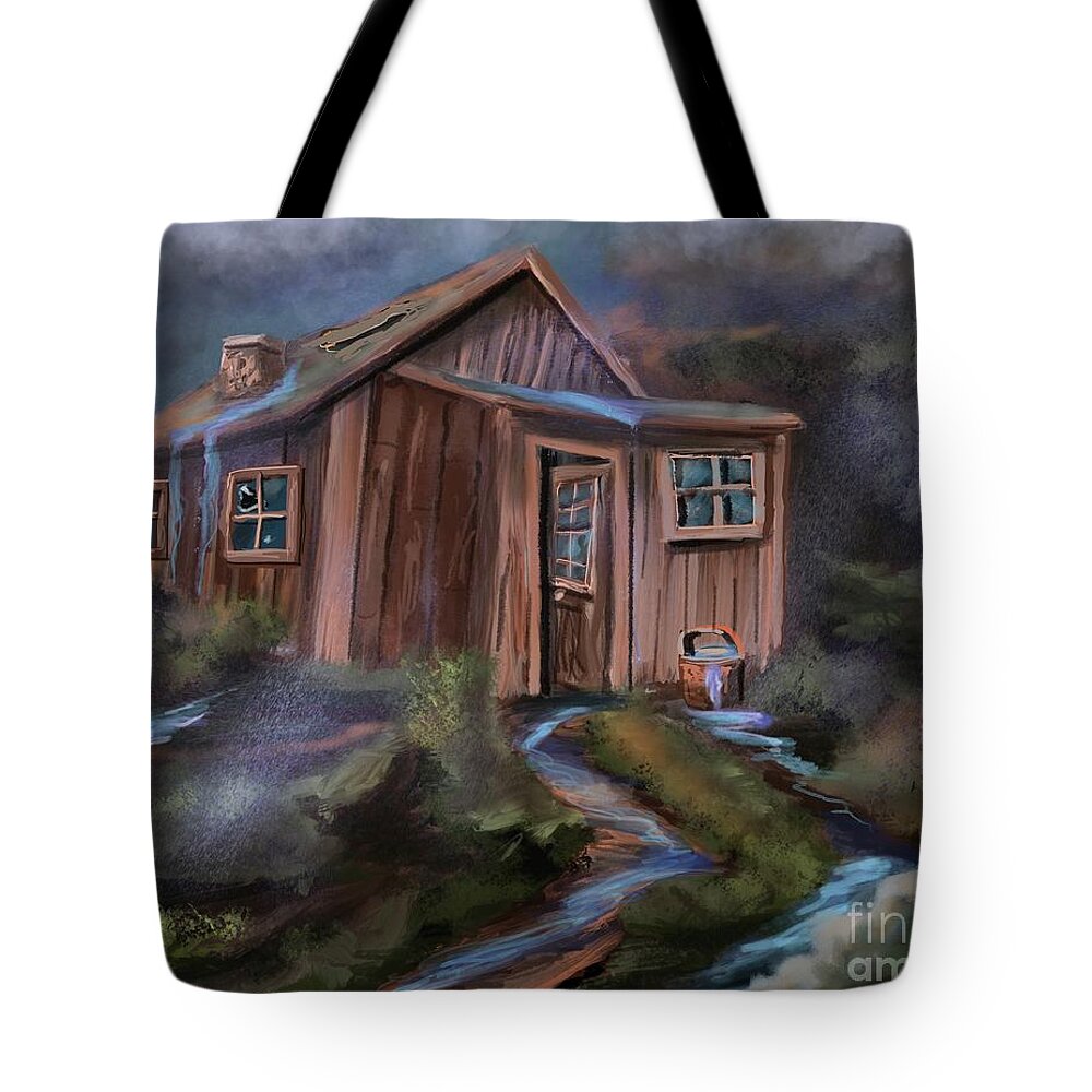 Cabin Tote Bag featuring the digital art Mountain Cabin by Doug Gist