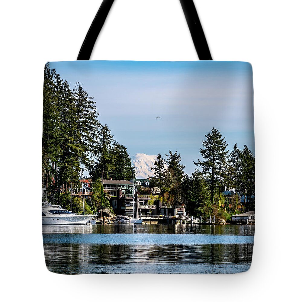 Mount Rainier Tote Bag featuring the photograph Mountain Peek by Clinton Ward