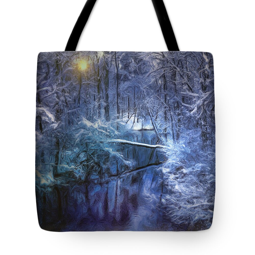 Snow Tote Bag featuring the digital art Mountain Stream in the Snow by Cordia Murphy