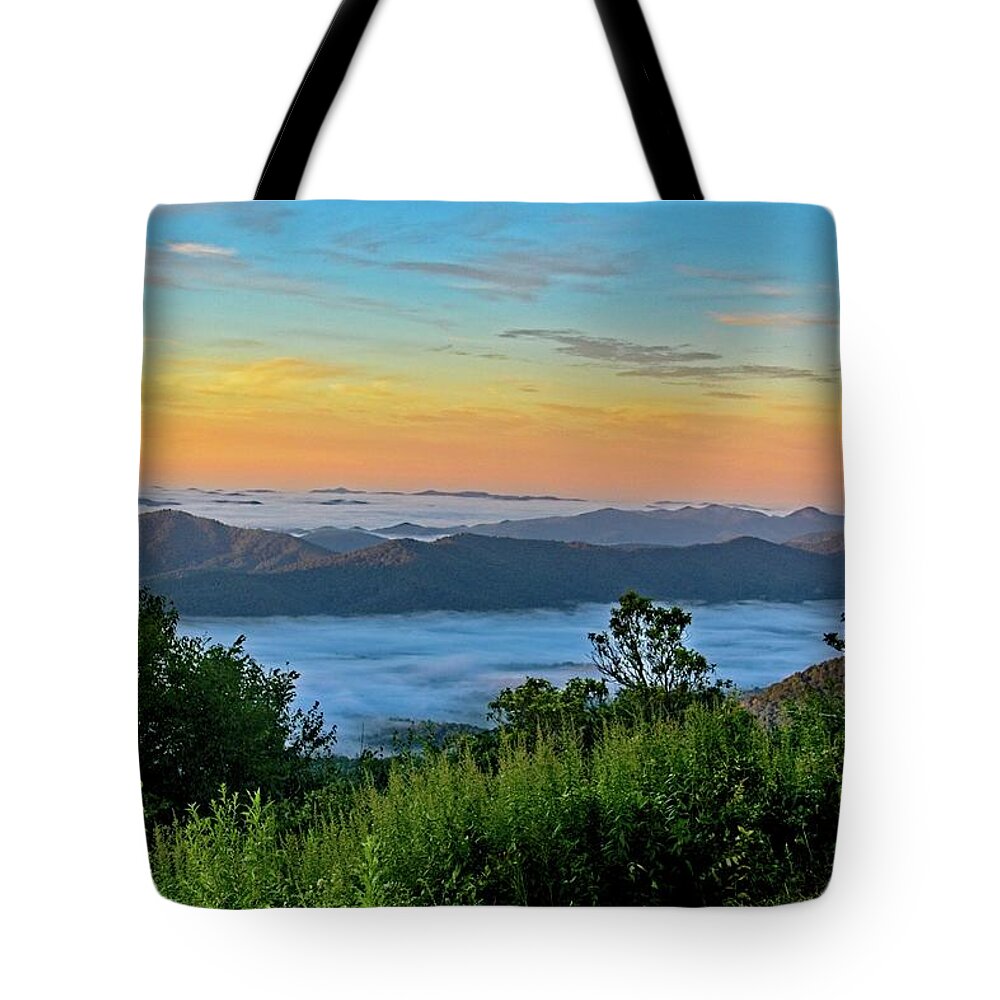 Landscape Tote Bag featuring the photograph Mountain Valley Fog by Allen Nice-Webb