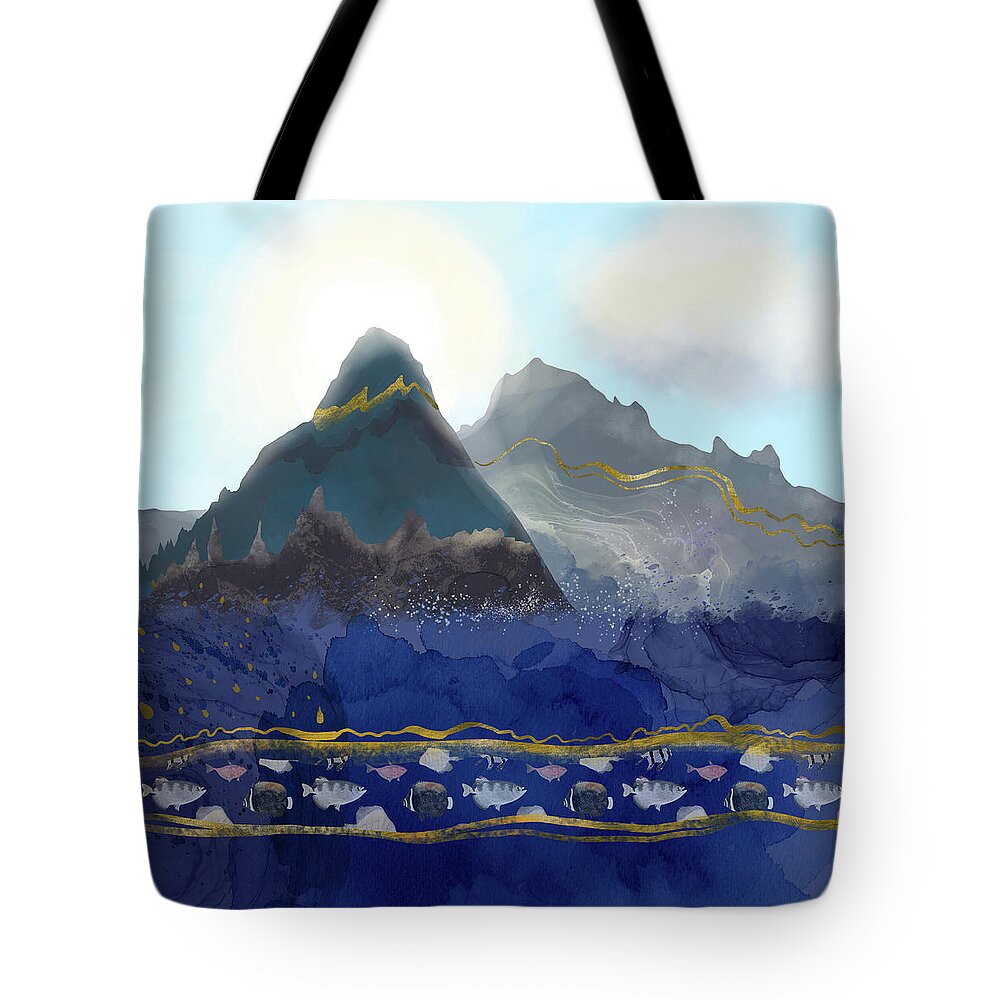 Nature Tote Bag featuring the digital art Mountains Meet the Ocean by Andreea Dumez