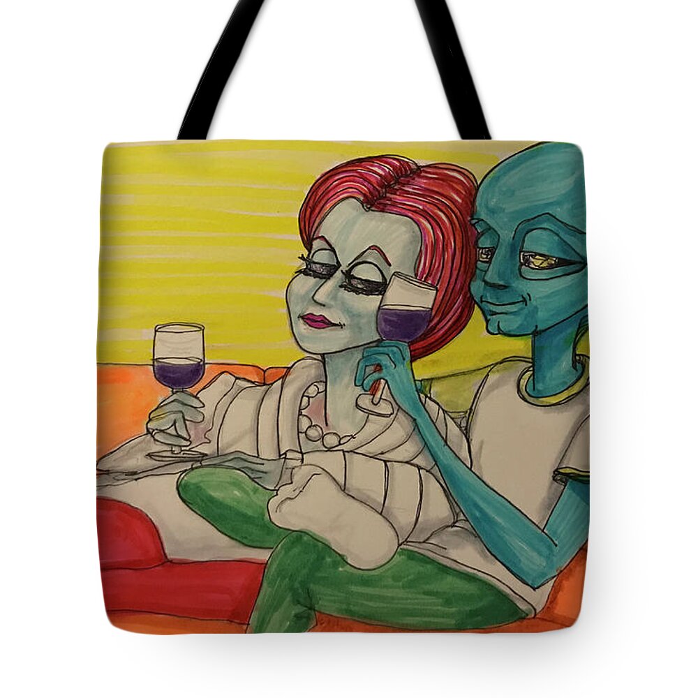 Date Night Tote Bag featuring the drawing Movie Night by Similar Alien