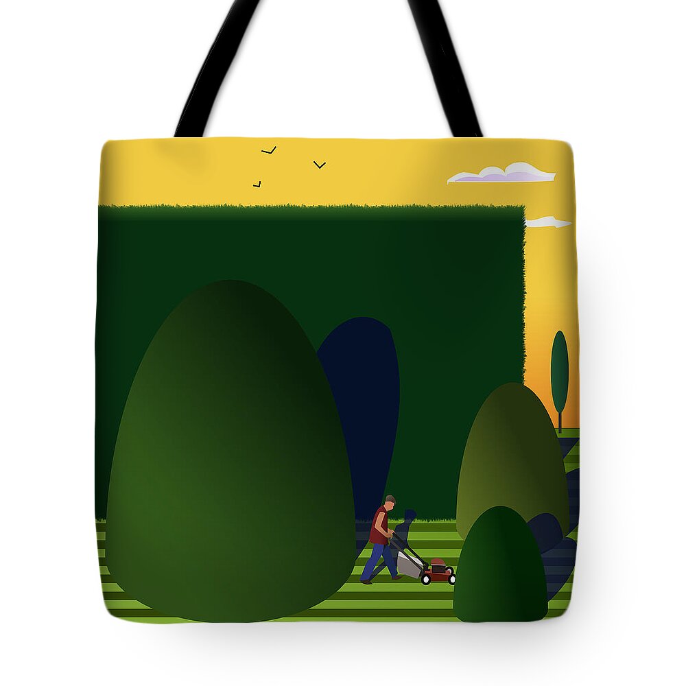 Surrounded By A Huge Hedge And Tall Shrubs Tote Bag featuring the digital art Mowing the lawn. by Fatline Graphic Art