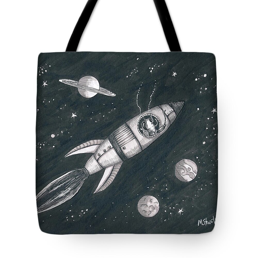 Space Tote Bag featuring the drawing Mr. Scuttle in the 24 1/2 Century by Marie Stone-van Vuuren