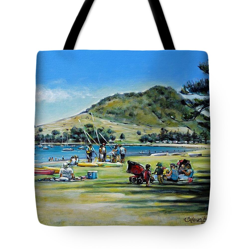 Seascape Tote Bag featuring the painting Mt Maunganui Pilot Bay 201210 by Selena Boron