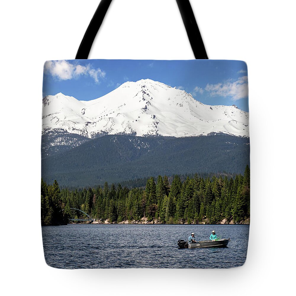 Mt. Shasta Tote Bag featuring the photograph Mt Shasta Fishing by Gary Geddes