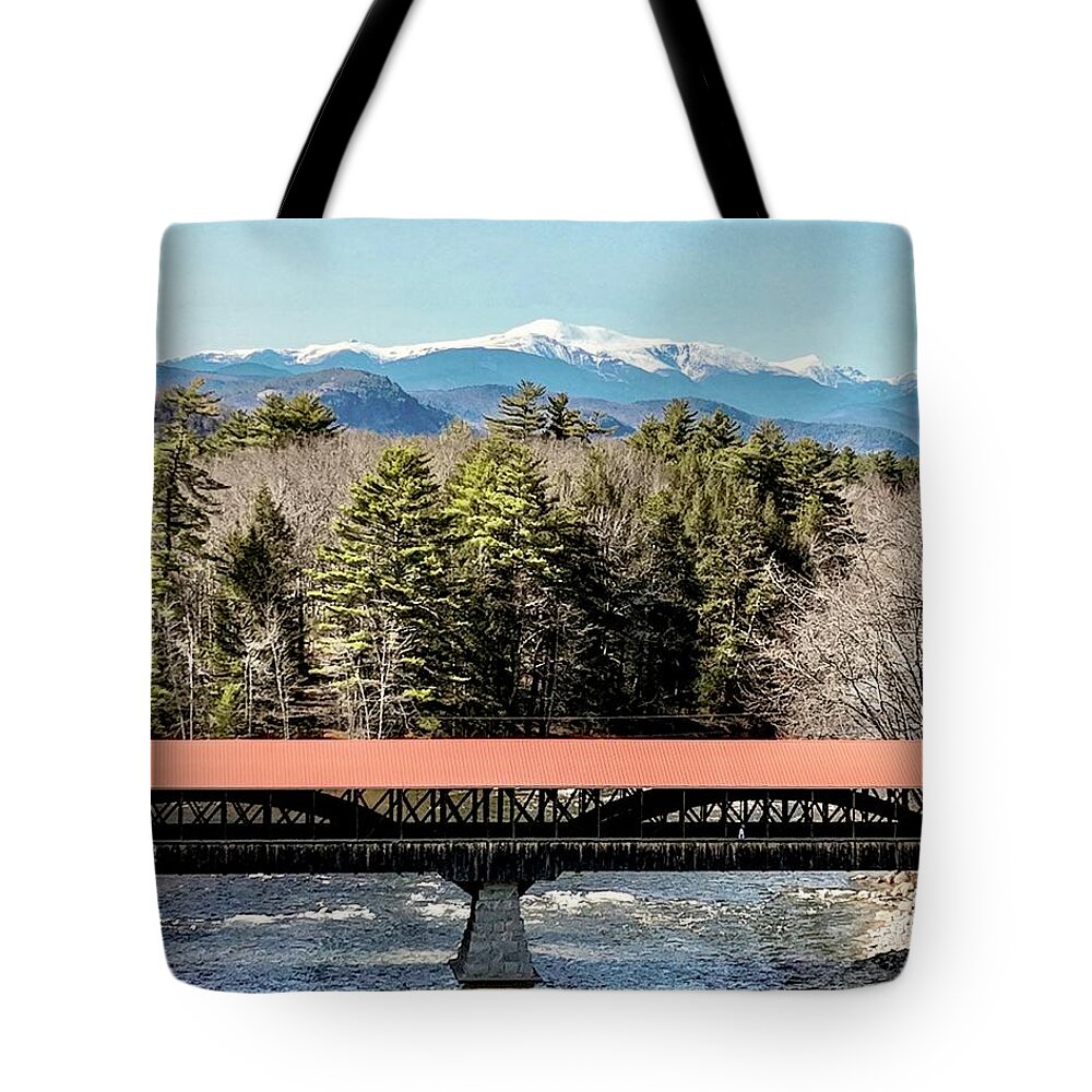  Tote Bag featuring the photograph Mt Washington over the Saco River Covered Bridge by John Gisis