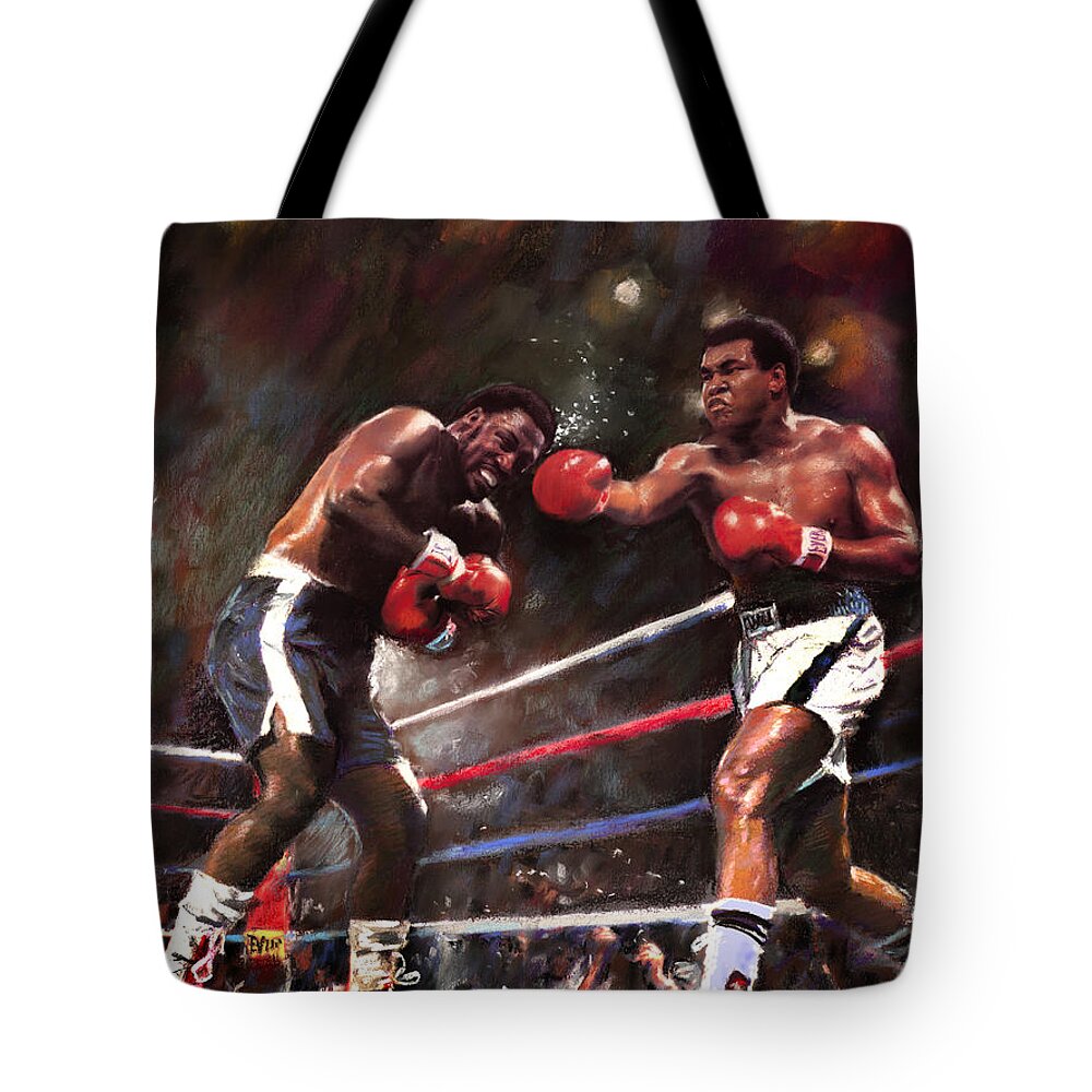 Muhammad Ali Tote Bag featuring the painting Muhammad Ali and Joe Frazier by Ylli Haruni