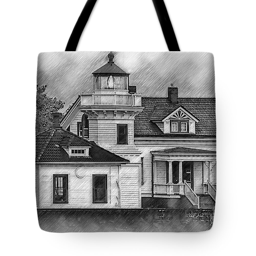 Lighthouse Tote Bag featuring the digital art Mukilteo Lighthouse Sketched by Kirt Tisdale