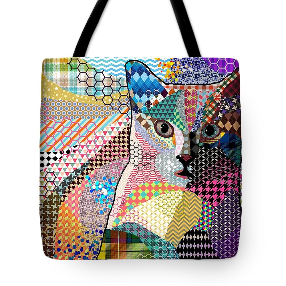 Cat Tote Bag featuring the digital art Multicolor Cat 676 Patterns by Lucie Dumas