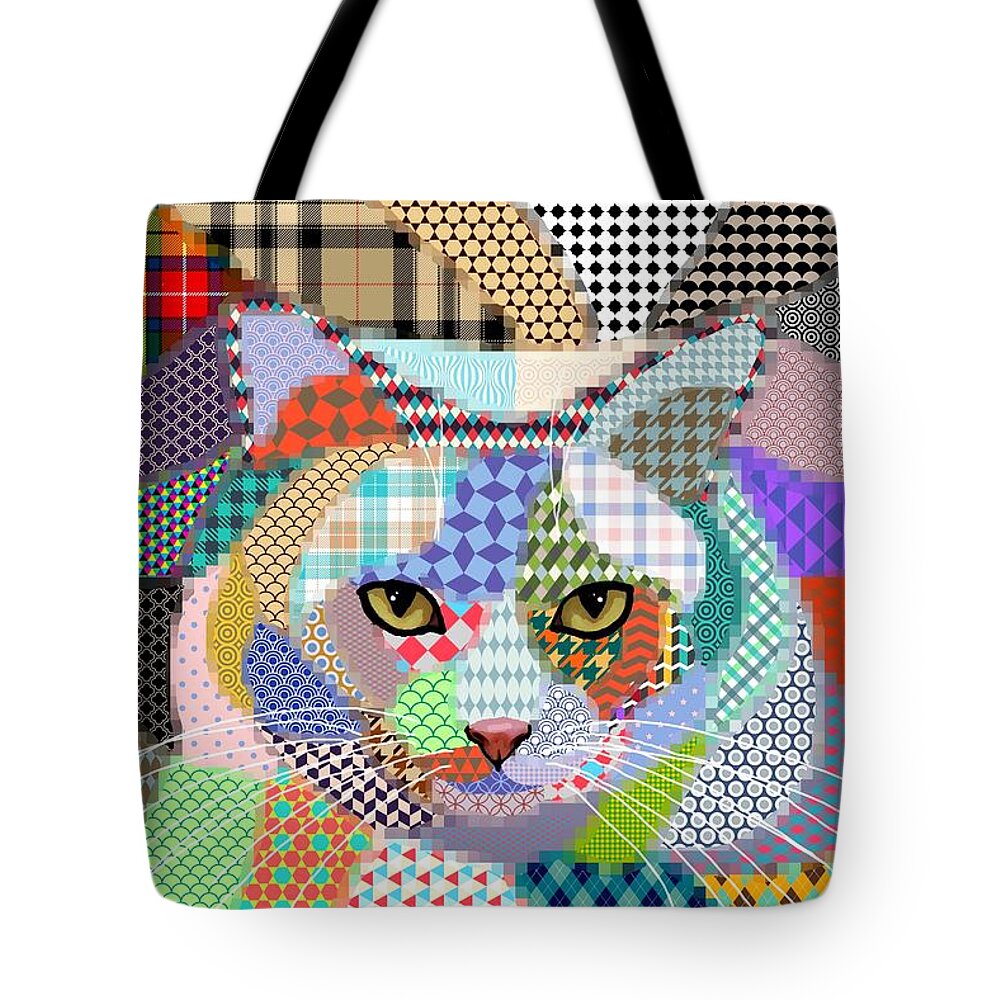 Cat Tote Bag featuring the digital art Multicolor Cat 678 Patterns by Lucie Dumas