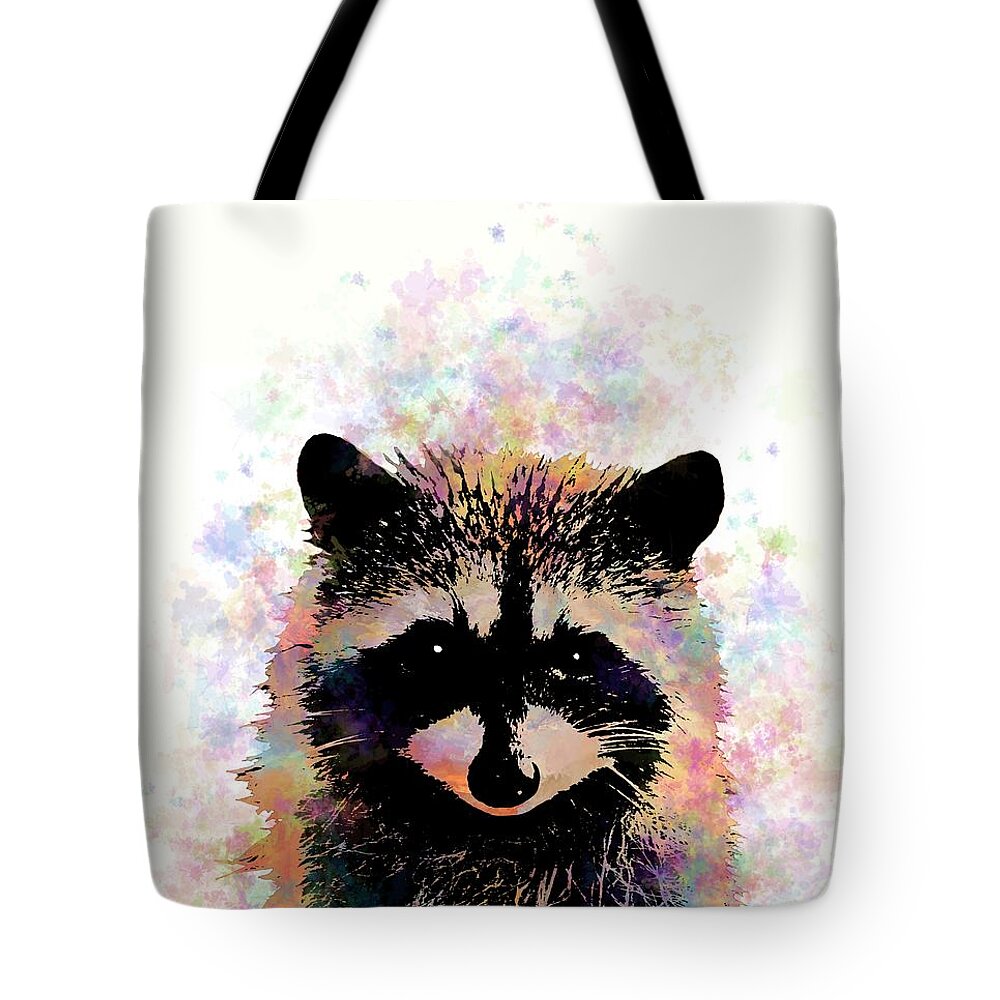 Raccoon Tote Bag featuring the mixed media Multicolor Raccoon 27 by Lucie Dumas