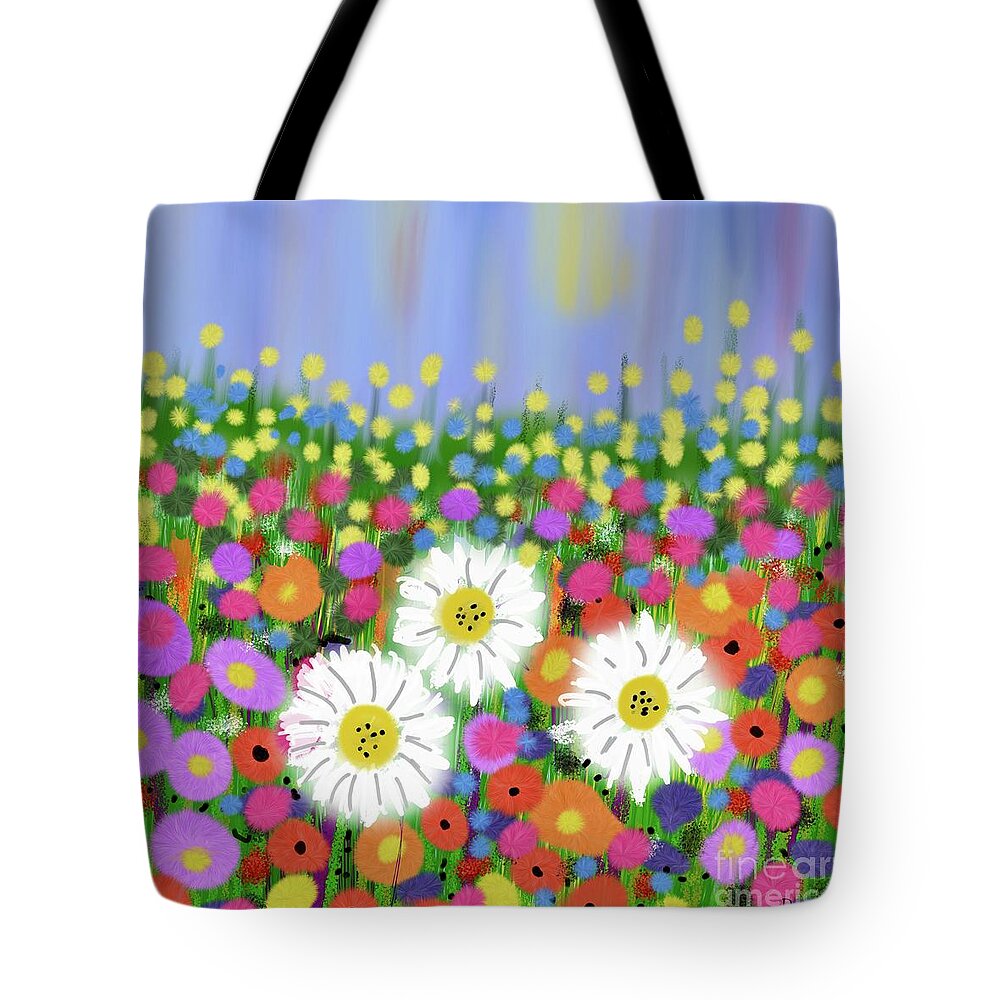 Flowers Tote Bag featuring the digital art Multicoloured flowers moving gently in the breeze by Elaine Hayward