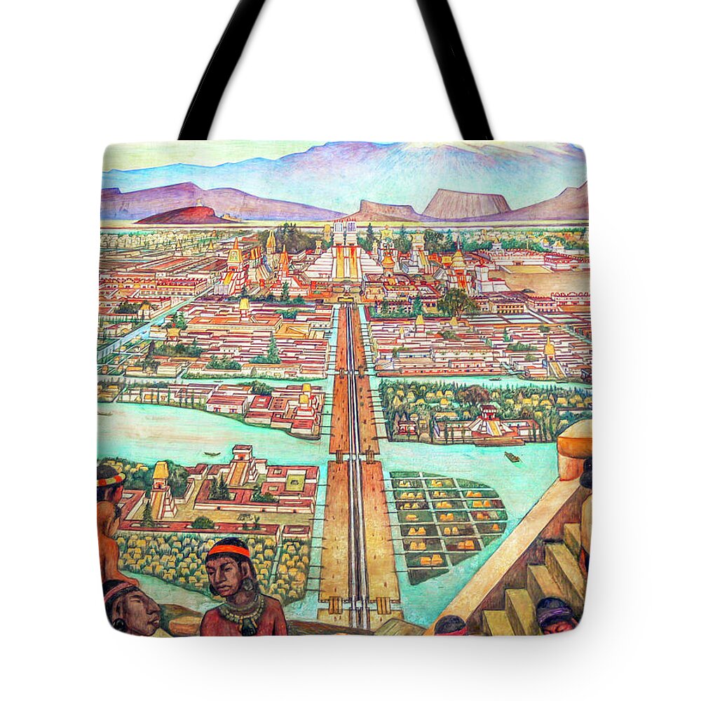 Diego Rivera Tote Bag featuring the painting Mural by Diego Rivera of the Aztec city of Tenochtitlan by Diego Rivera