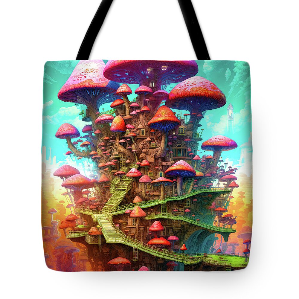 Mushroom Tote Bag featuring the digital art Mushroom City 13 Fantasy Art Illustration Style by Matthias Hauser