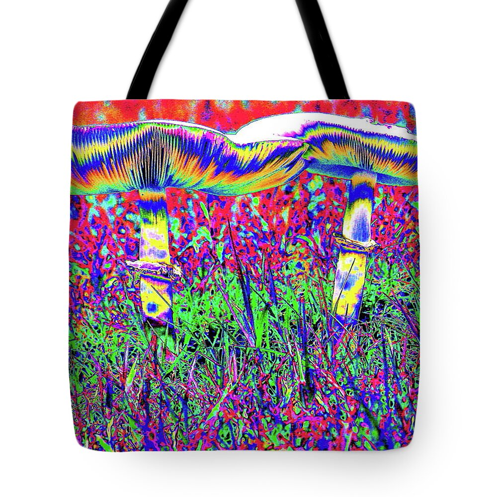 Mushrooms Tote Bag featuring the digital art Mushrooms On Mushrooms by Larry Beat