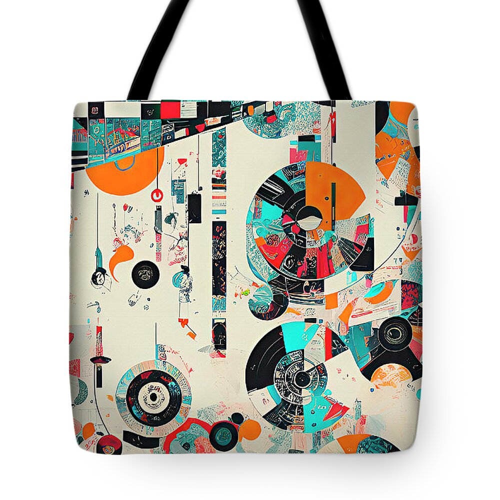 Abstract Vintage Music Tote Bag featuring the digital art Music City Abstract Vinyl Records Vintage Modern Art by Ginette Callaway