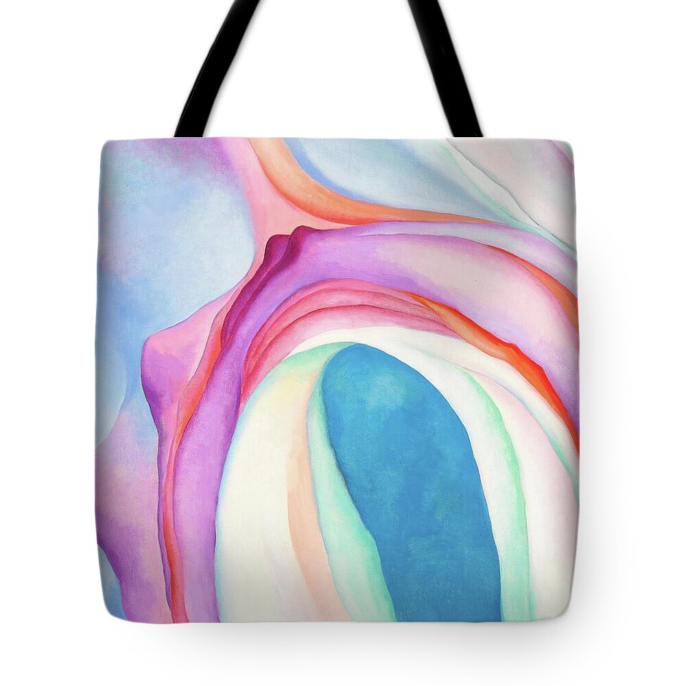 Georgia O'keeffe Tote Bag featuring the painting Music Pink and Blue No 2 - Colorful modernist abstract painting by Georgia O'Keeffe