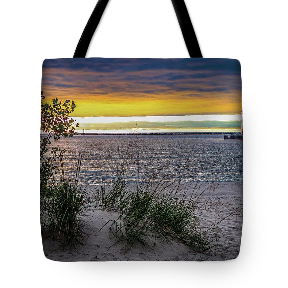  Tote Bag featuring the photograph Muskegon Lighthouse Sunset IMG_5862 by Michael Thomas