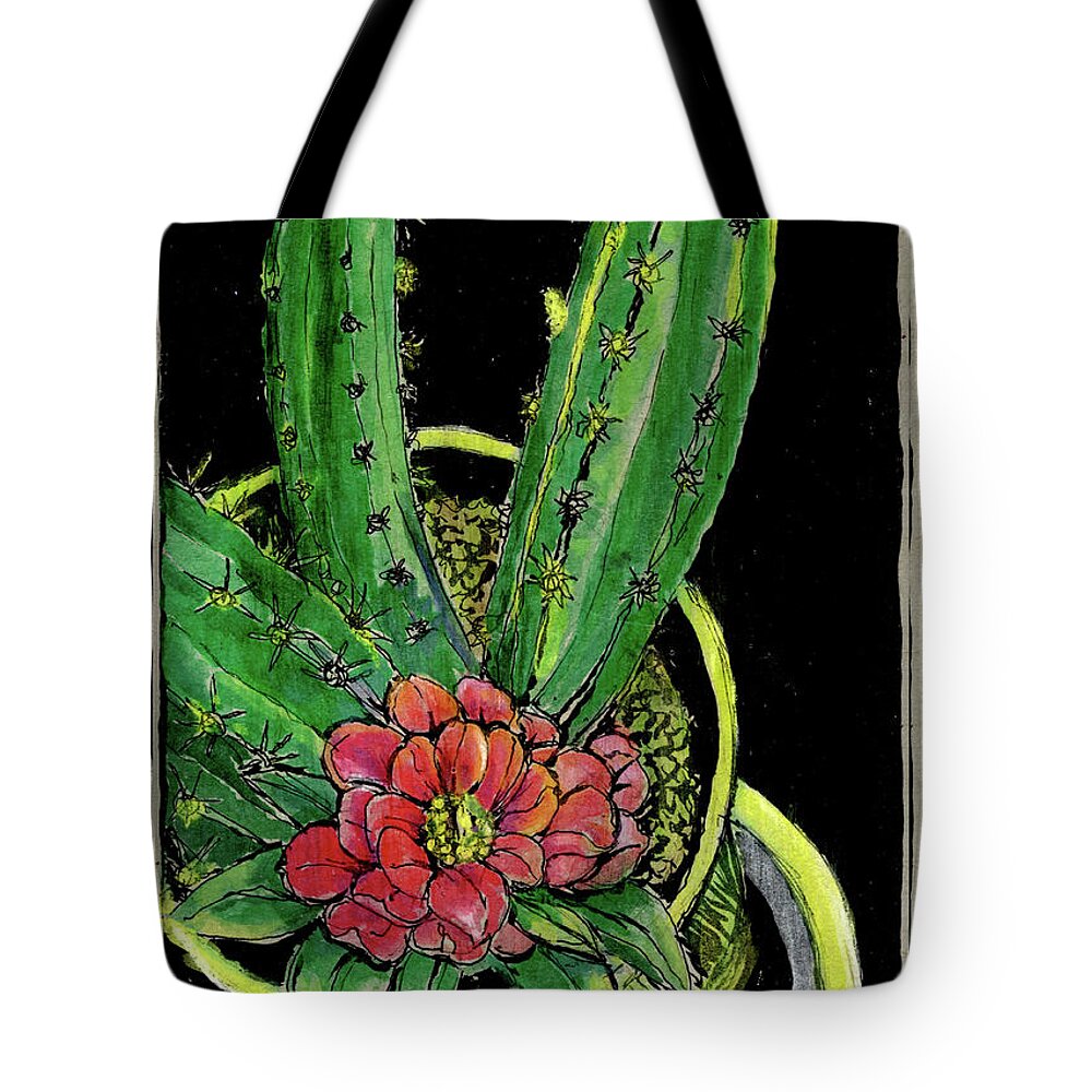 Flowers Tote Bag featuring the drawing My Cactus by Marnie Clark