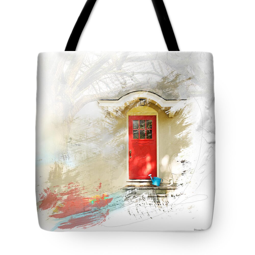 Door Tote Bag featuring the mixed media My Garden Door by Moira Law