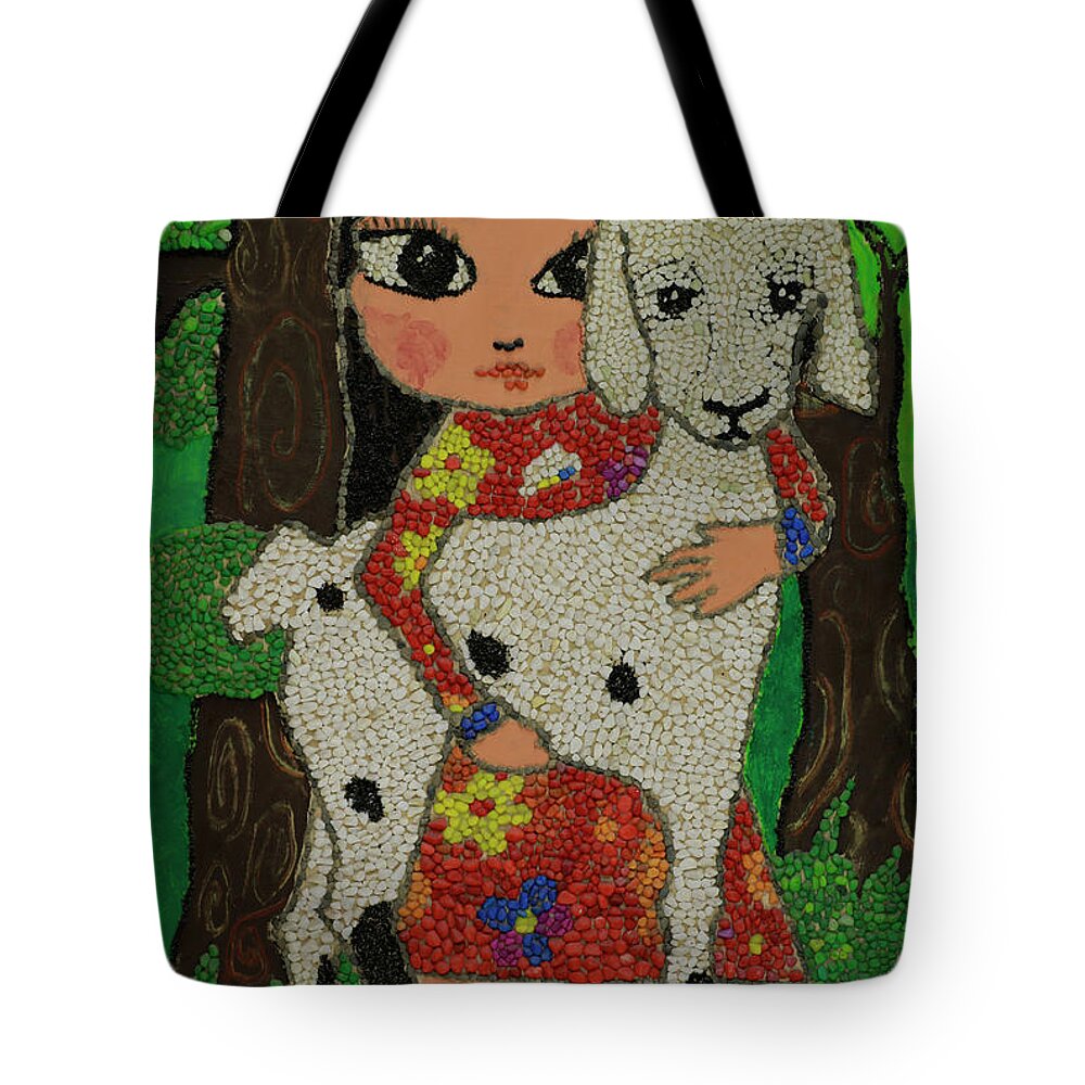 Girl Tote Bag featuring the painting My little Tsondoohoi by Shurentsetseg Batdorj