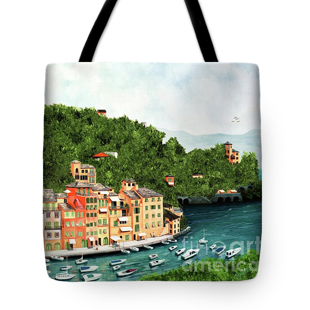 Portofino Tote Bag featuring the painting My Portofino - prints of oil painting by Mary Grden