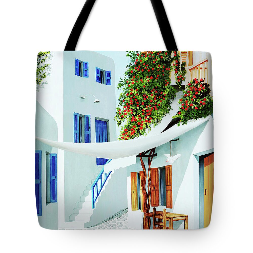 Mykonos Greece Tote Bag featuring the painting MYKONOS WALK-prints of painting by Mary Grden