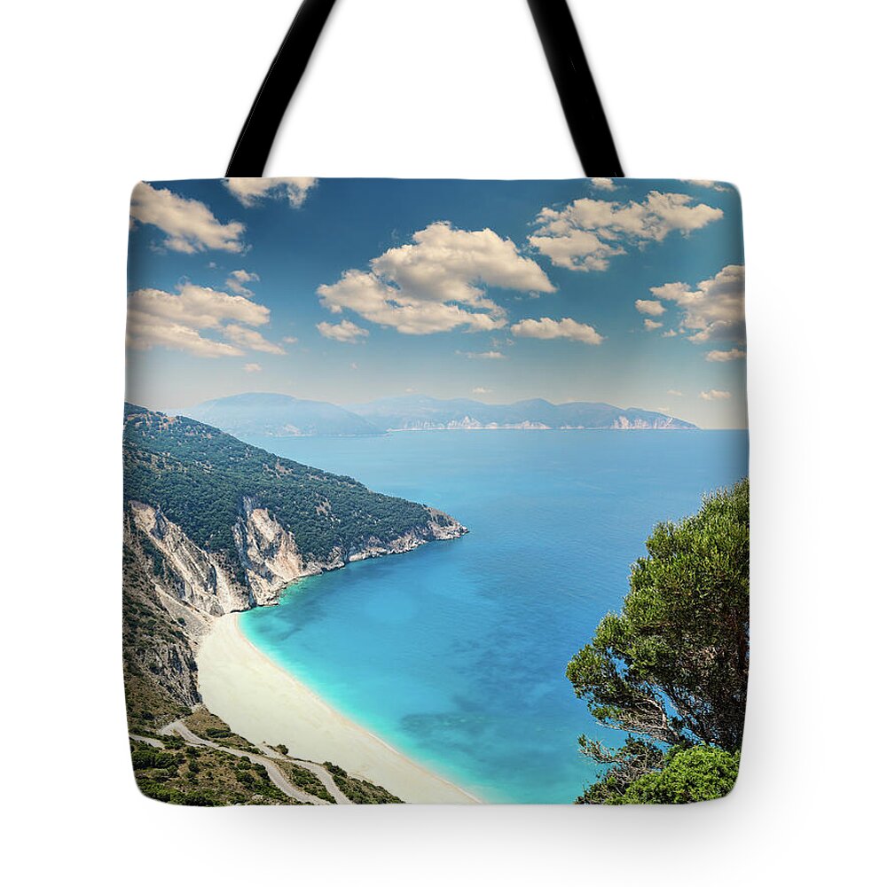 Myrtos Tote Bag featuring the photograph Myrtos beach in Kefalonia, Greece by Constantinos Iliopoulos