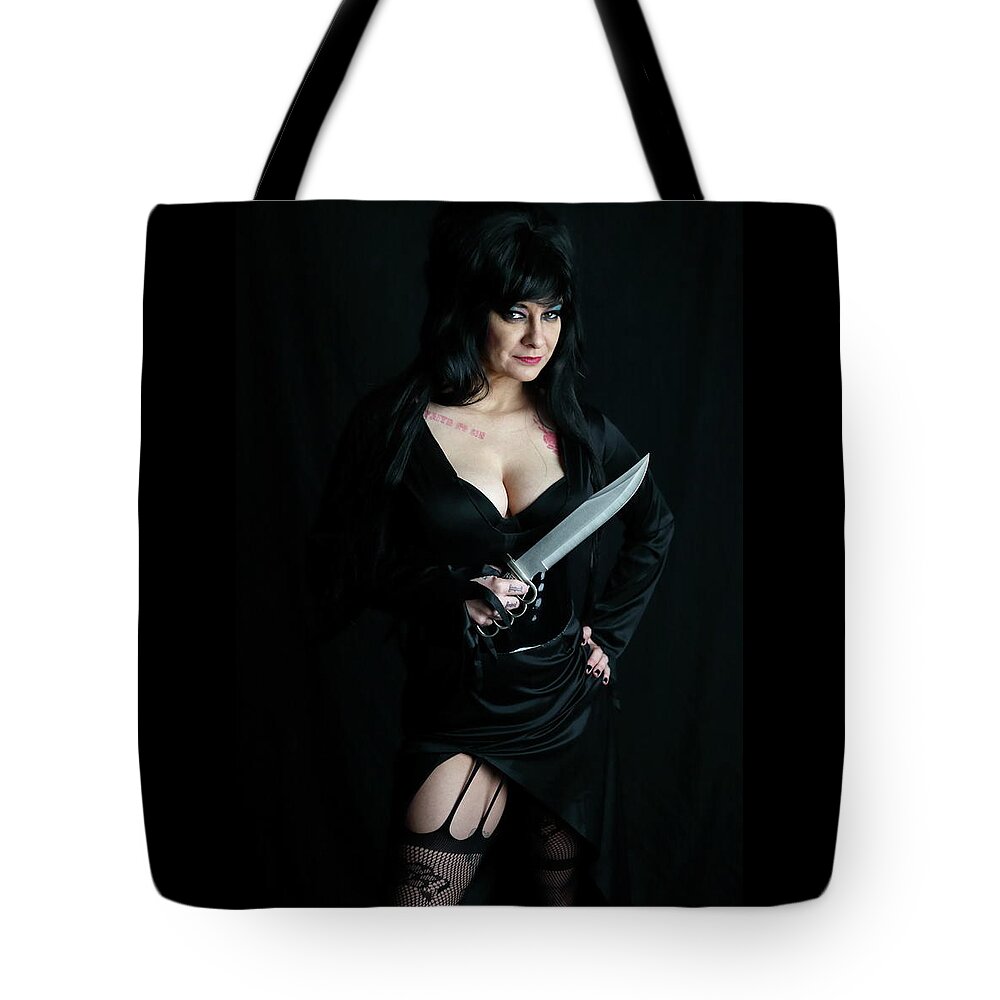 Elvira Tote Bag featuring the photograph Mysti as Elvira 2 Color by Cully Firmin