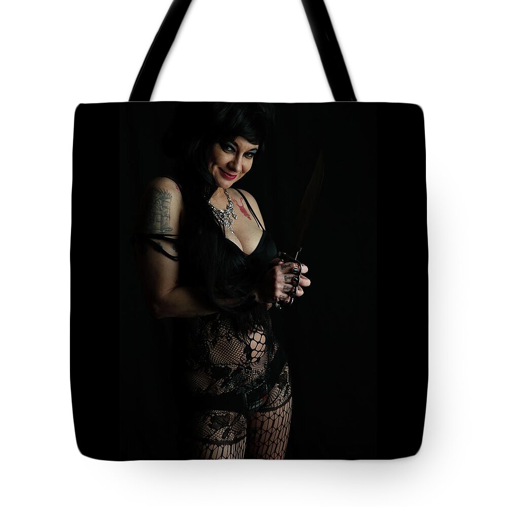 Elvira Tote Bag featuring the photograph Mysti as Elvira by Cully Firmin