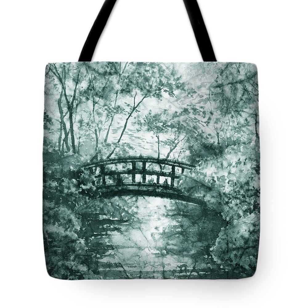 Gray Pond Tote Bag featuring the painting Mystic Pond With Bridge Watercolor Garden In Gray by Irina Sztukowski
