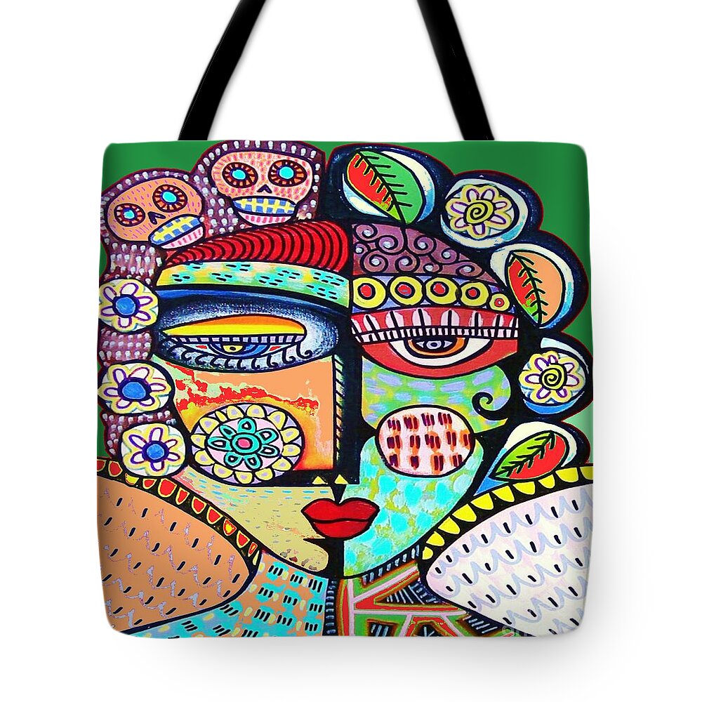 Jade Tote Bag featuring the painting Mythological Jade Sugar Skull Angel. The Conservationist of Woodlands. by Sandra Silberzweig