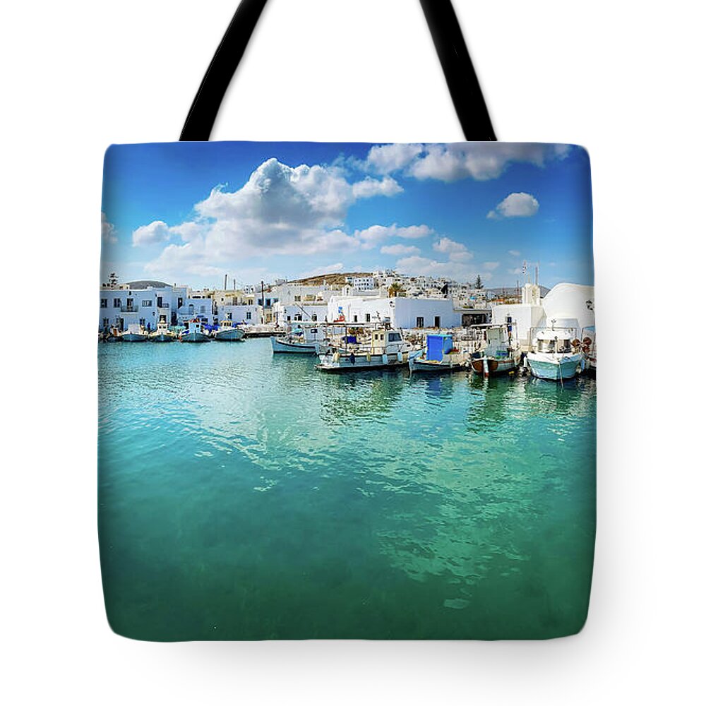 Aegean Tote Bag featuring the photograph Naoussa Harbour by Anastasy Yarmolovich