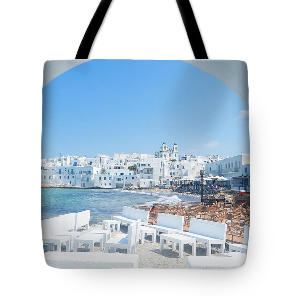 Paros Tote Bag featuring the photograph Naoussa Waterfront by Anastasy Yarmolovich