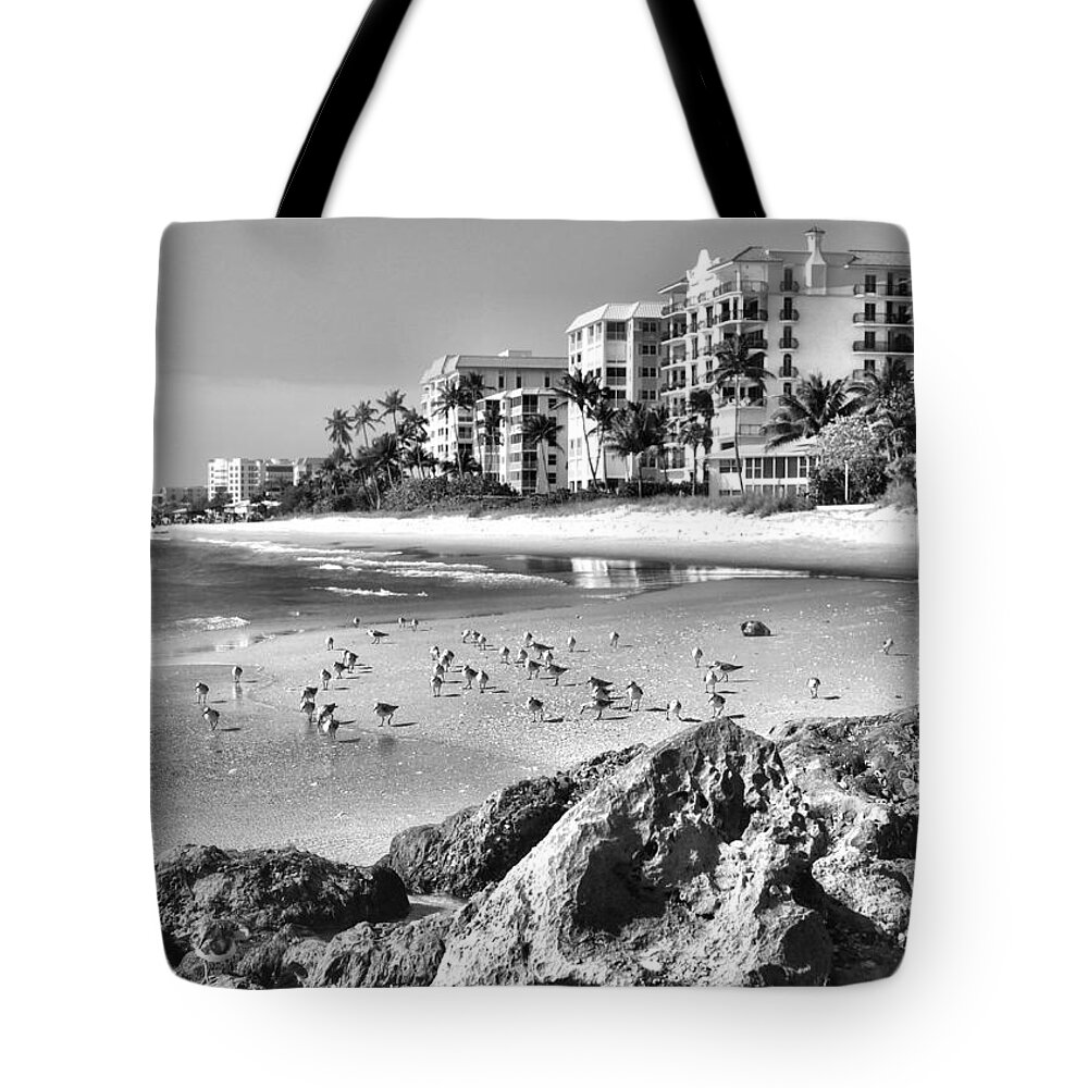 Naples Tote Bag featuring the photograph Naples Beach BW by Mary Pille