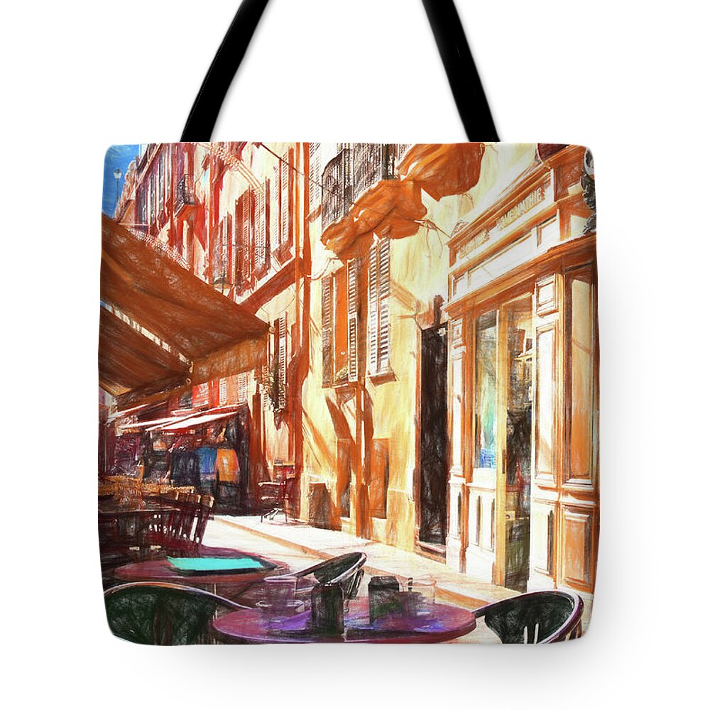 Monaco Tote Bag featuring the digital art Narrow busy street in Monaco #2 by Tatiana Travelways
