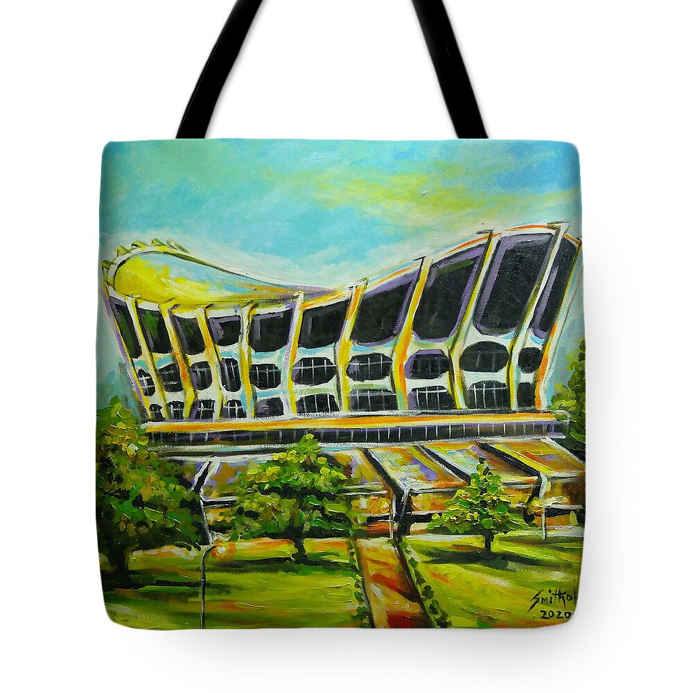 Living Room Tote Bag featuring the painting National Theatre Nigeria by Olaoluwa Smith