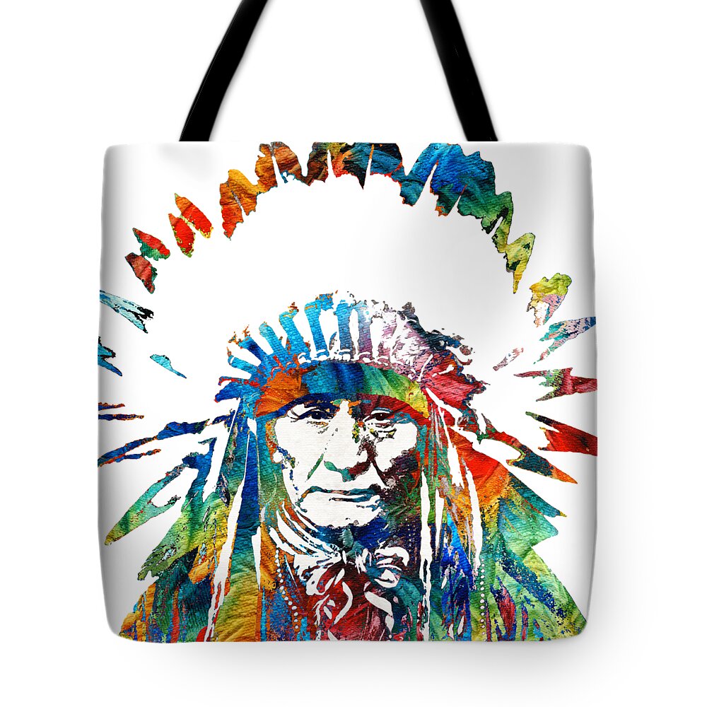 Native American Tote Bag featuring the painting Native American Art - Chief - By Sharon Cummings by Sharon Cummings