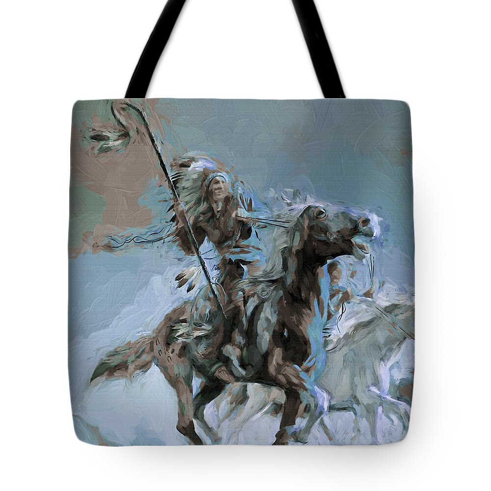 Westcoast Tote Bag featuring the painting Native on Horse fighting 01 by Gull G