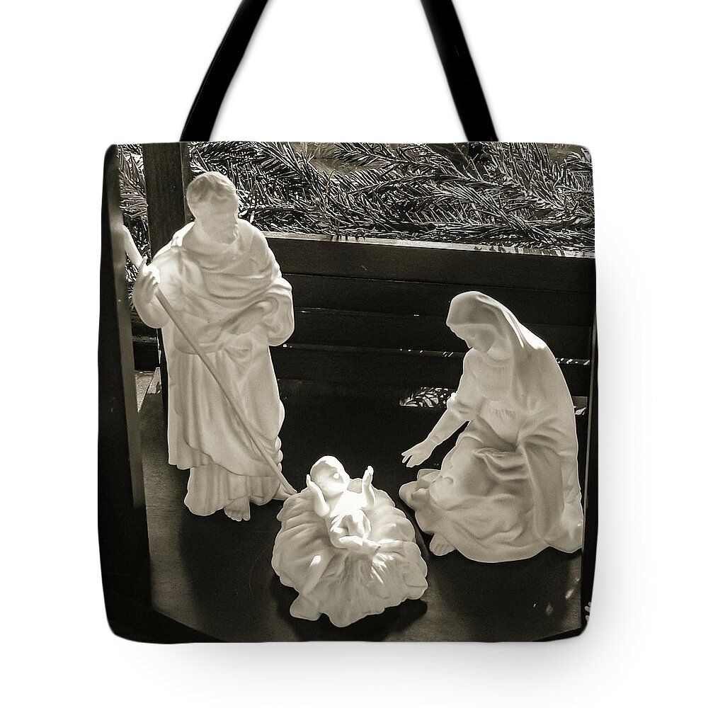 Nativity Mary Joseph Baby Jesus B&w Tote Bag featuring the photograph Nativity2 by John Linnemeyer