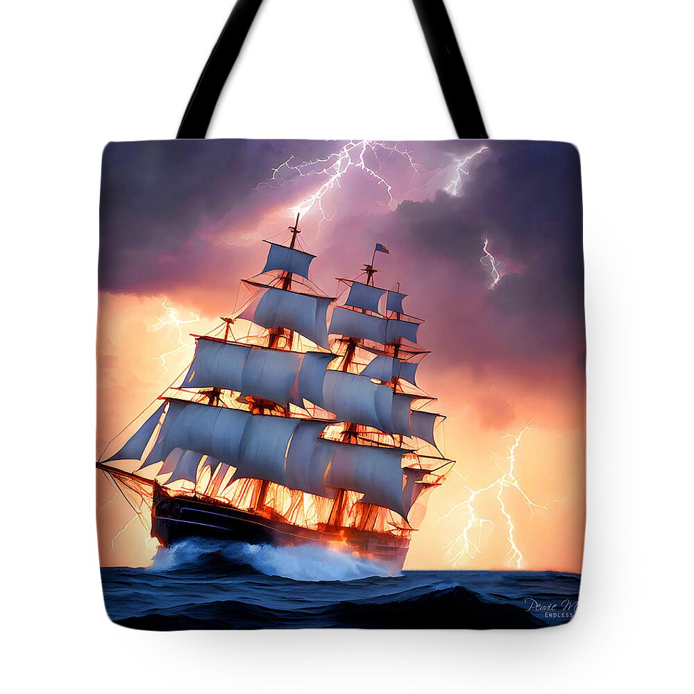 Ship Tote Bag featuring the mixed media Navigating the Storm by Pennie McCracken
