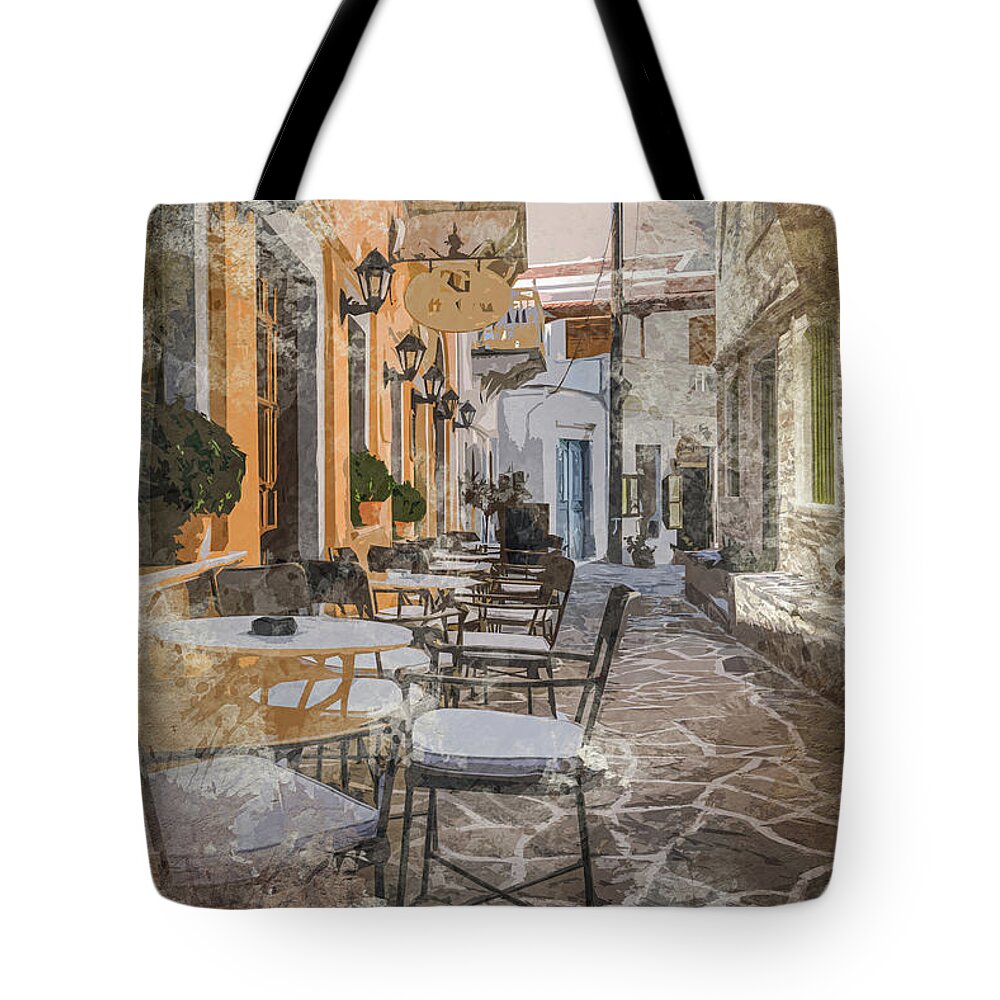 Balcony Tote Bag featuring the digital art Naxos Street Eating by Chris Fletcher