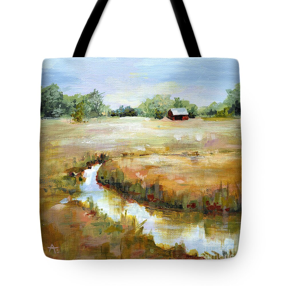 Landscape Tote Bag featuring the painting Nebraska Skies - Creek Side by Annie Troe