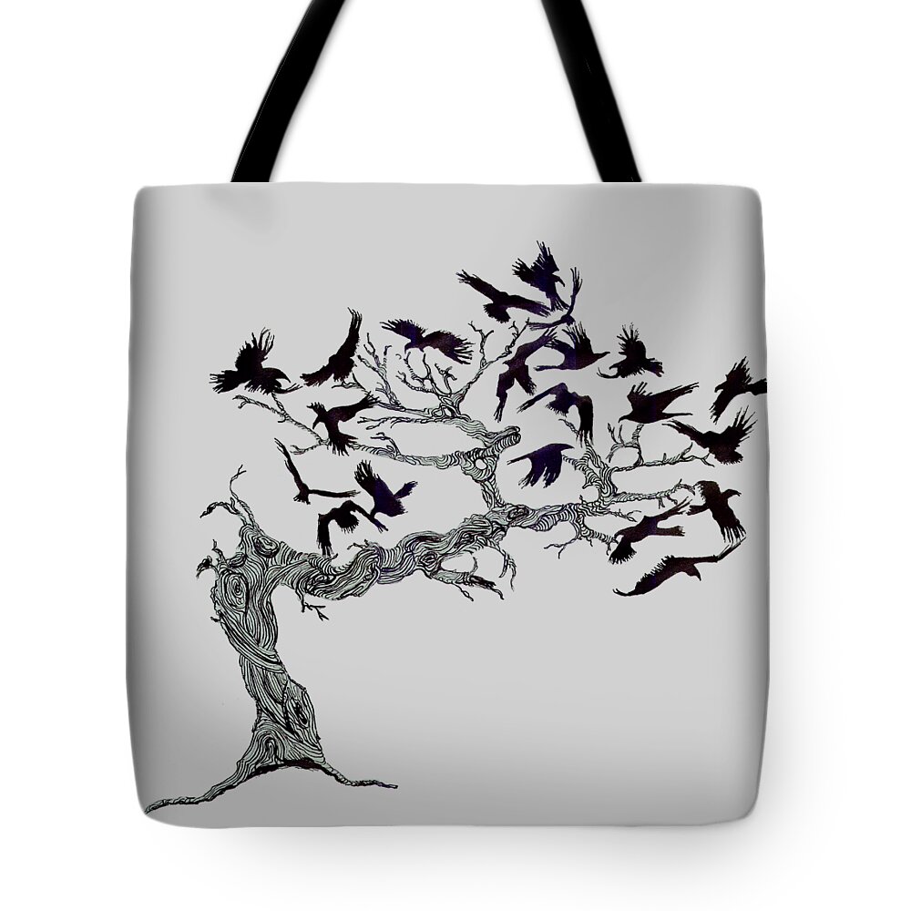 Raven Tote Bag featuring the painting Needled by Ravens by Jenny Armitage
