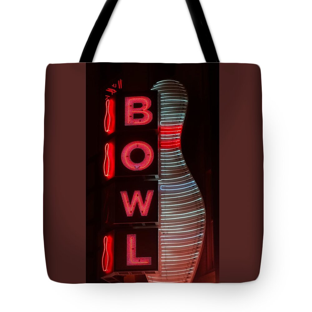 Bowling Tote Bag featuring the photograph Neon Bowling Pin by Matthew Bamberg