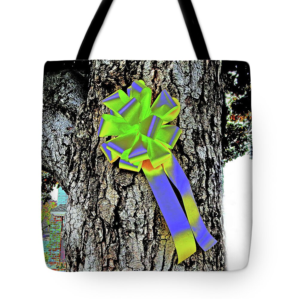 Neon Tote Bag featuring the photograph Neon Ribbon On Tree by Andrew Lawrence